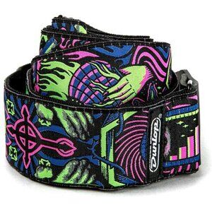 Guitar Strap Green Jacquard Woven Adjustable Leather Ends Electric Acoustic